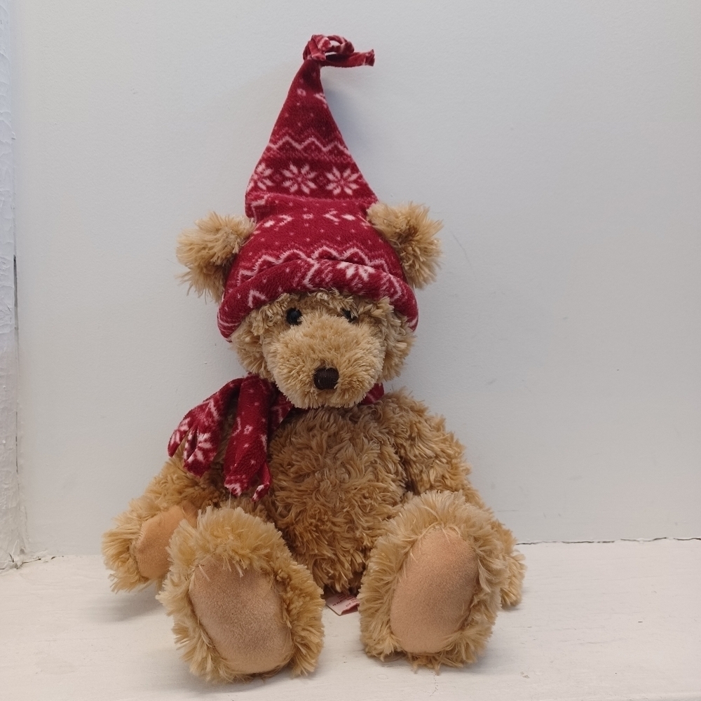 Russ Berrie Cranberry Brown Teddy Bear with Red Hat and Scarf Plush Stuffy - Picture 2 of 9